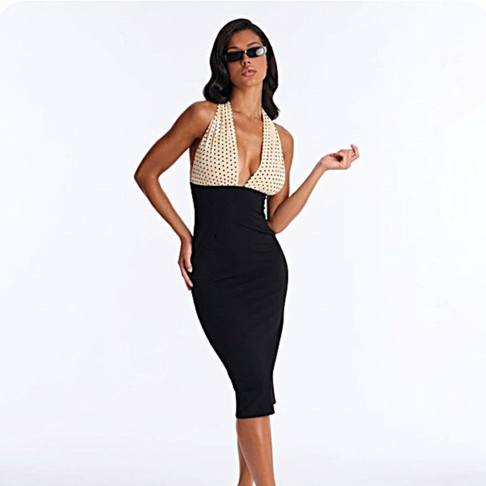 Fashion Nova Demi Polka Dot Midi Dress Size S Black Ivory Bodycon V-Neck